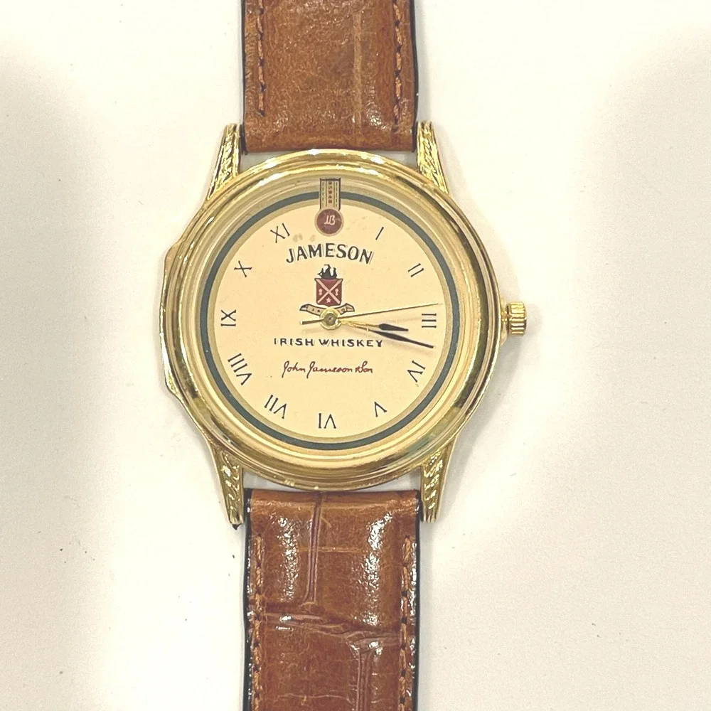 Jameson Irish Whiskey Watch Gold Tone Cream Dial Brown Leather Strap Untested